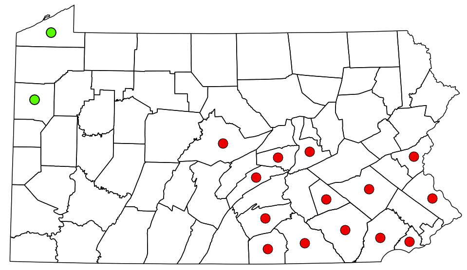 Pennsylvania - counties tested for GRB (Green indicates no GRB found)