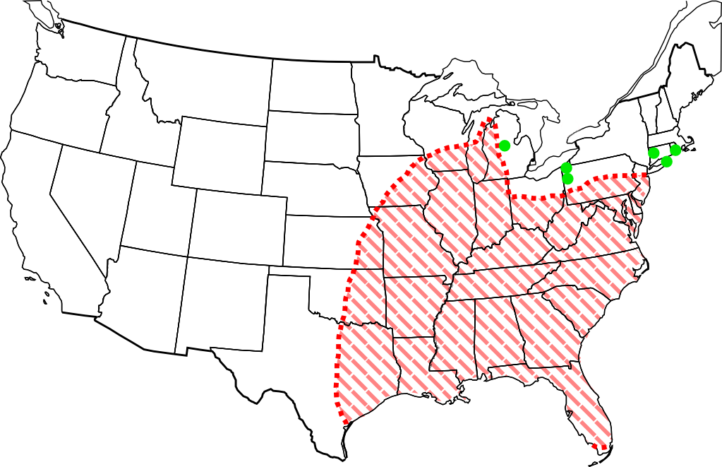 Probable range of GRB in the U.S. (Green indicates no GRB found)